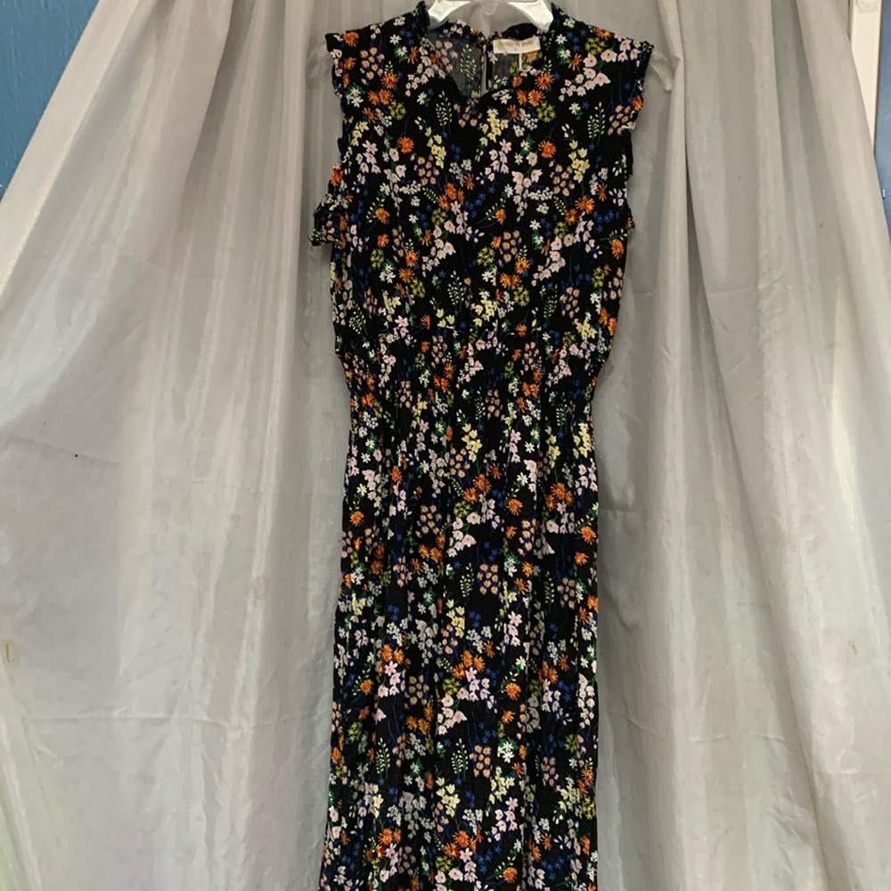 Floral Midi Dress in Black with Multicolor Blooms
